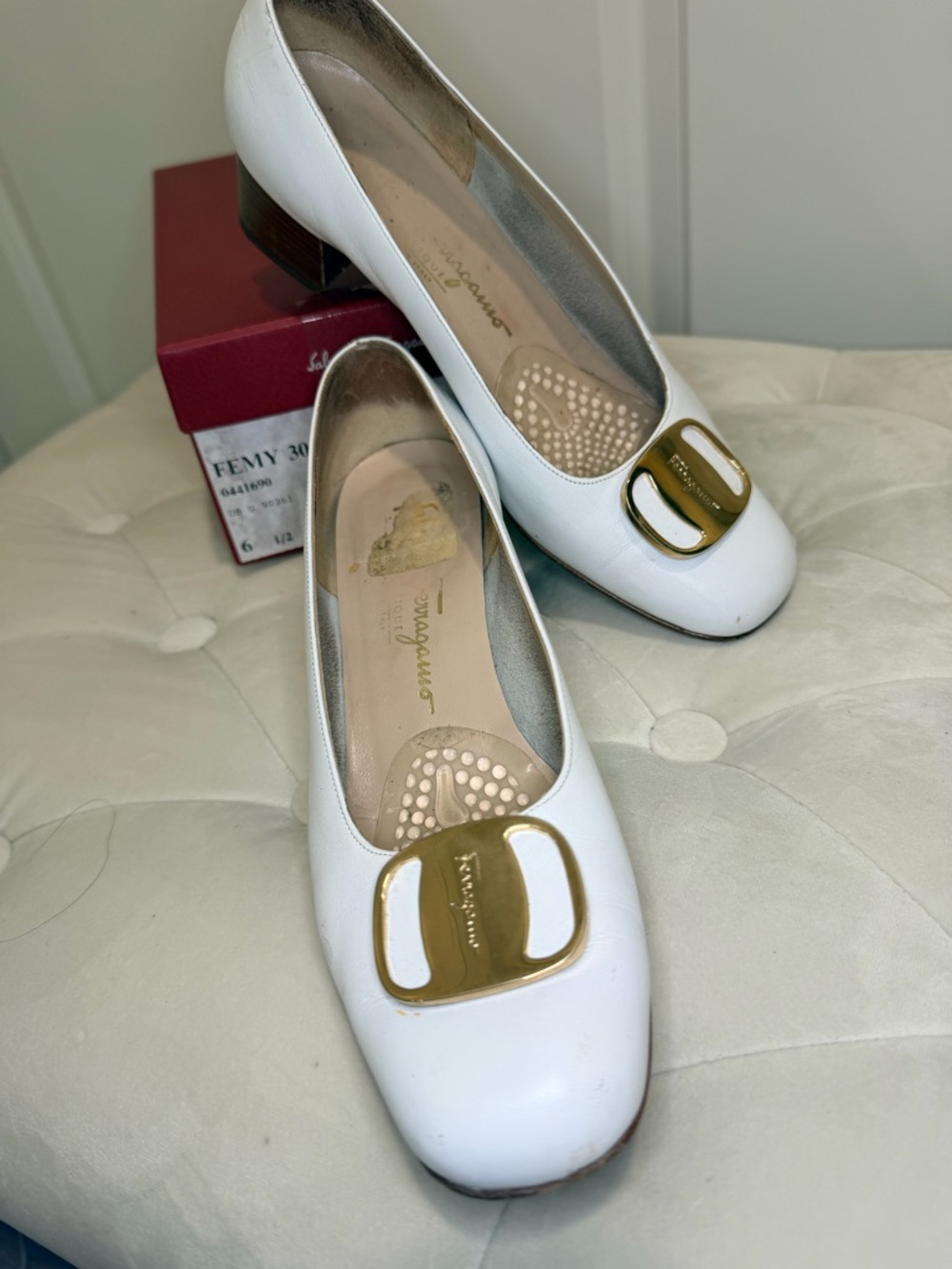 Salvatore Ferragamo White Leather Pumps with Gold Buckle Accent